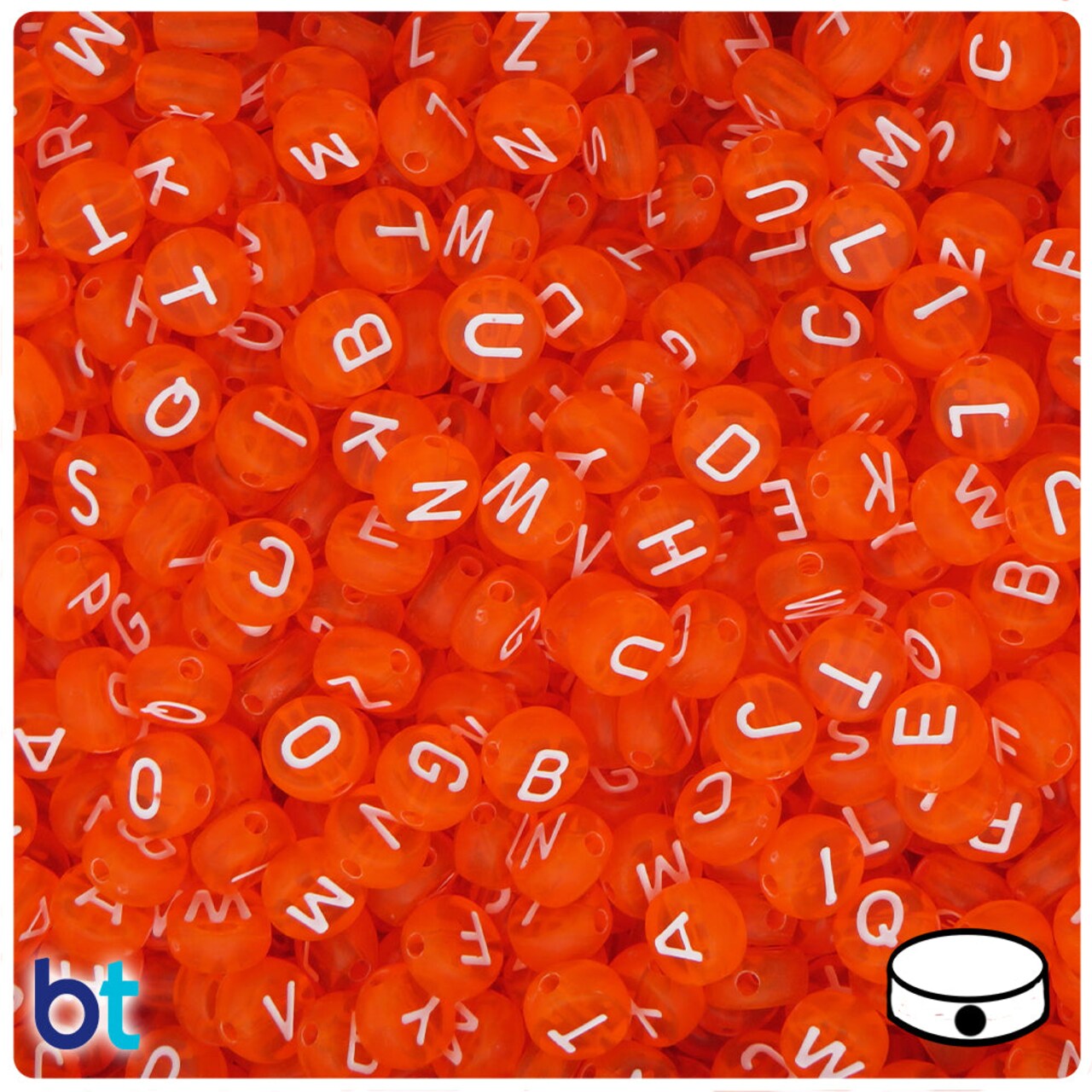 BeadTin Orange Transparent 7mm Coin Plastic Alpha Beads - White Letter Mix (250pcs)